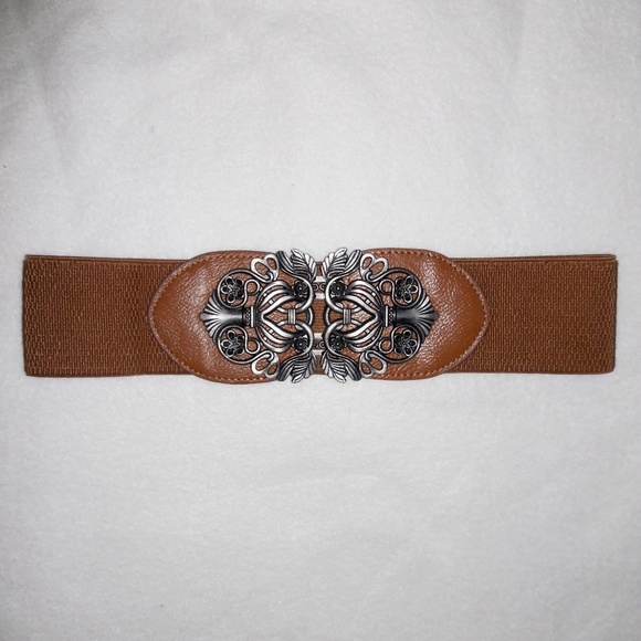 Antiqued Silver Coffee Brown Elastic Waist Belt - Picture 3 of 6